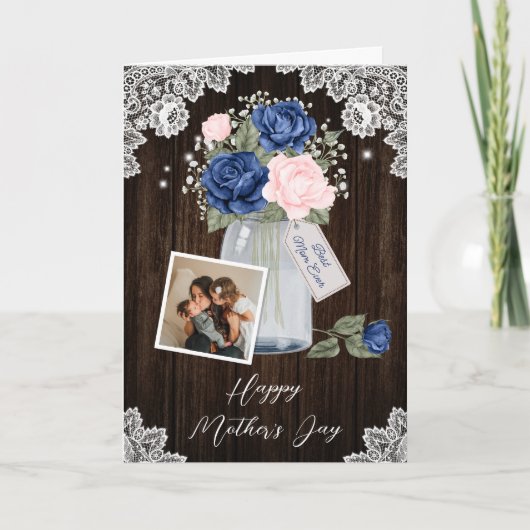 Rustiek Blauw Roze Bloemen Foto Happy Moederdag Kaart (Voorkant)