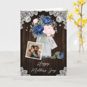 Rustiek Blauw Roze Bloemen Foto Happy Moederdag Kaart (Gele Bloem)