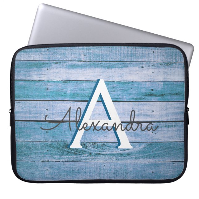 Rustiek Blauw Schuur Hout Nautisch Monogram Laptop Sleeve (Voorkant)