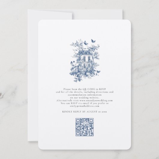 Rustiek Blauw Toile De Jouy QR Code Bruiloft Kaart (Achterkant)