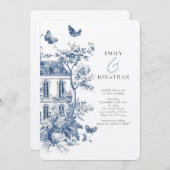Rustiek Blauw Toile De Jouy QR Code Bruiloft Kaart (Voorkant / Achterkant)