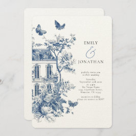 Rustiek Blauw Toile De Jouy QR Code Bruiloft Kaart