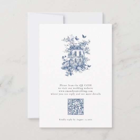Rustiek Blauw Toile De Jouy QR Code Bruiloft RSVP Kaartje (Voorkant)