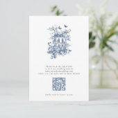 Rustiek Blauw Toile De Jouy QR Code Bruiloft RSVP Kaartje (Staand voorkant)
