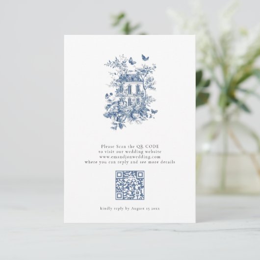 Rustiek Blauw Toile De Jouy QR Code Bruiloft RSVP Kaartje (Staand voorkant)