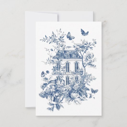 Rustiek Blauw Toile De Jouy QR Code Bruiloft RSVP Kaartje (Achterkant)