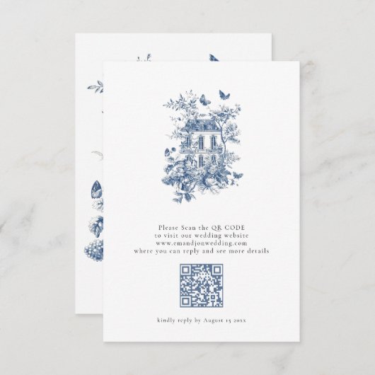 Rustiek Blauw Toile De Jouy QR Code Bruiloft RSVP Kaartje (Voorkant / Achterkant)