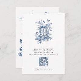 Rustiek Blauw Toile De Jouy QR Code Bruiloft RSVP Kaartje