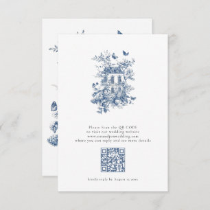 Rustiek Blauw Toile De Jouy QR Code Bruiloft RSVP Kaartje