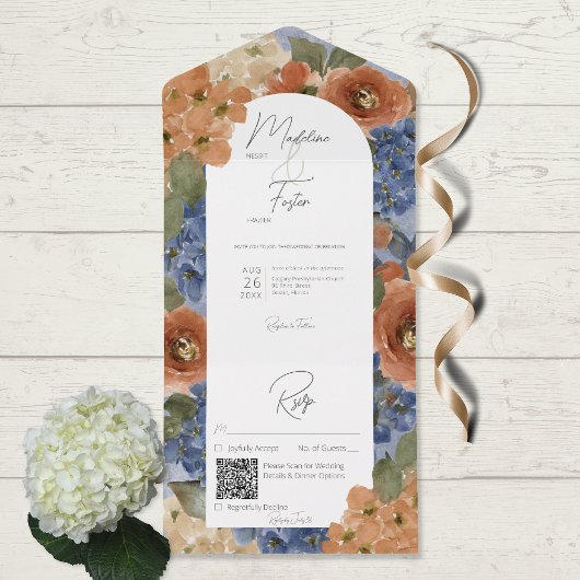 Rustiek Blauw & Verbrand Sinaasappel Roest Bloemen All In One Uitnodiging