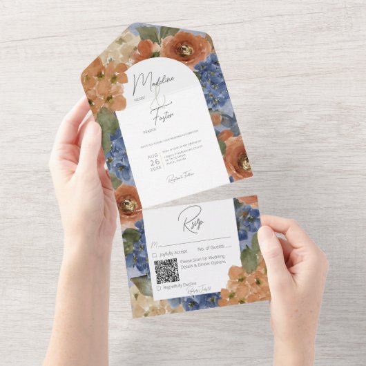 Rustiek Blauw & Verbrand Sinaasappel Roest Bloemen All In One Uitnodiging (Afscheurbaar)