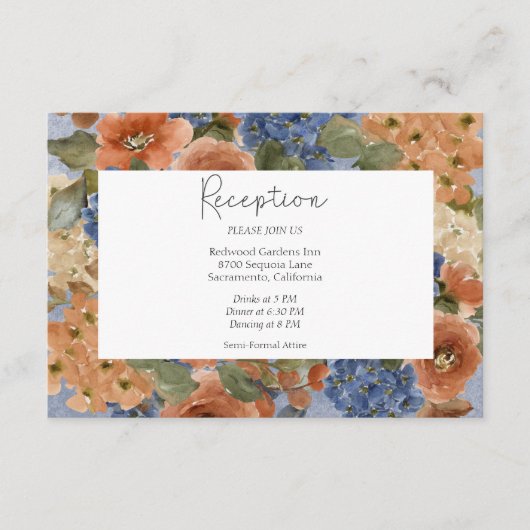 Rustiek Blauw & Verbrand Sinaasappel Roest Bloemen Informatiekaartje (Voorkant)