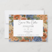 Rustiek Blauw & Verbrand Sinaasappel Roest Bloemen Save The Date (Voorkant)