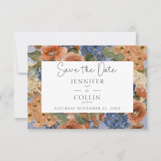 Rustiek Blauw & Verbrand Sinaasappel Roest Bloemen Save The Date (Voorkant)