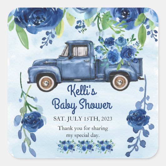 Rustiek Blauw  Vrachtwagen Baby shower Vierkant La Vierkante Sticker (Voorkant)