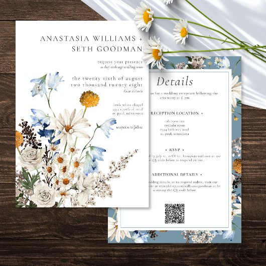 Rustiek Blauw Wildflowers & Daisies Wedding Two Si Kaart