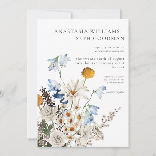 Rustiek Blauw Wildflowers & Daisies Wedding Two Si Kaart (Voorkant)