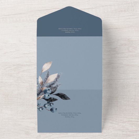 Rustiek Blauw Winter Blad Blauw Details All In One Uitnodiging (Buitenkant)