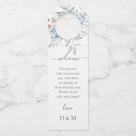 Rustiek Blauw Winter Bloemen Huwelijk Flessenhanger (Voorkant)