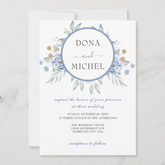 Rustiek Blauw Winter Bloemen Huwelijk Kaart (Voorkant)