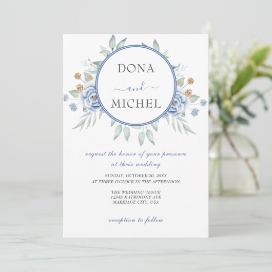 Rustiek Blauw Winter Bloemen Huwelijk Kaart (Staand voorkant)