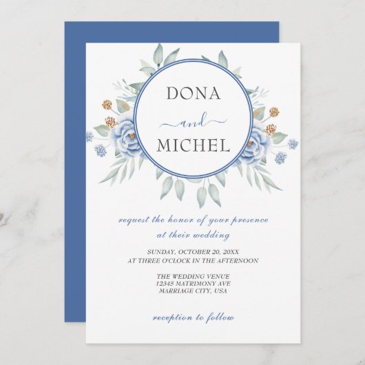 Rustiek Blauw Winter Bloemen Huwelijk Kaart (Voorkant / Achterkant)