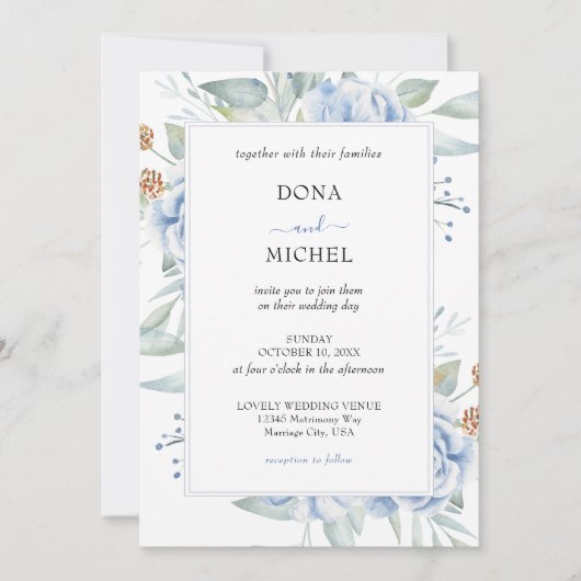 Rustiek Blauw Winter Bloemen Huwelijk Kaart (Voorkant)