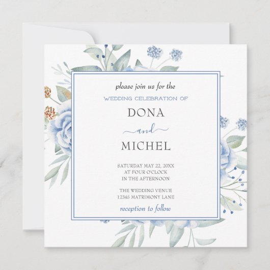 Rustiek Blauw Winter Bloemen Huwelijk Kaart (Voorkant)