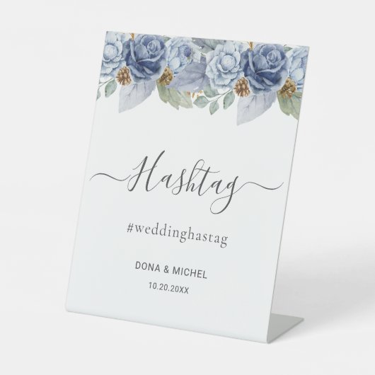 Rustiek Blauw Winter Bloemen Huwelijk Reclamebord Met Voetstuk (Voorkant)