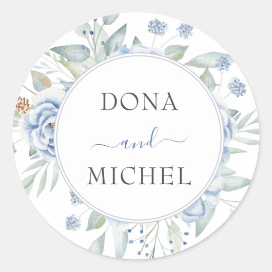 Rustiek Blauw Winter Bloemen Huwelijk Ronde Sticker (Voorkant)