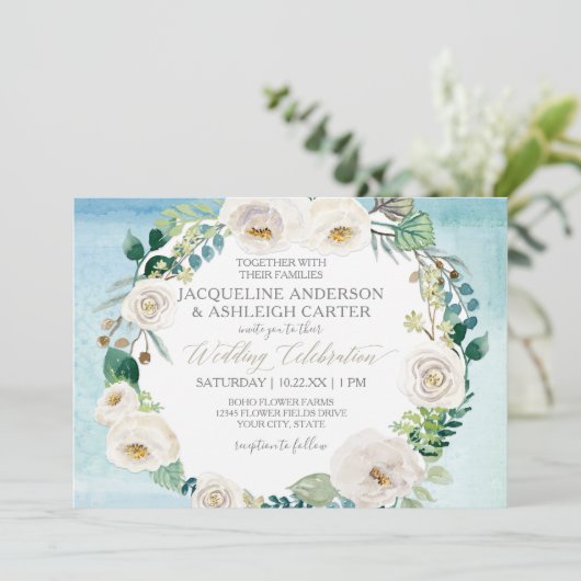 Rustiek Blauw Wit Alabaster Roos Eucalyptus krans Kaart (Staand voorkant)