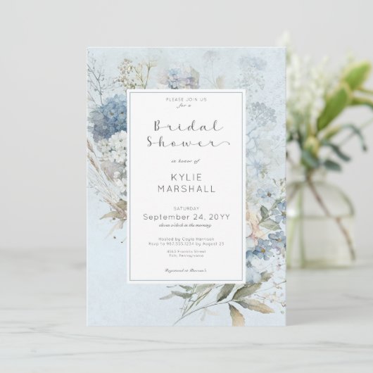 Rustiek Blauw & Wit Bloemen Lijst Vrijgezellenfees Kaart (Staand voorkant)