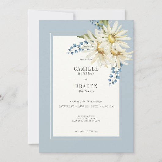 Rustiek Blauw & Wit Daisies Bruiloft Kaart (Voorkant)
