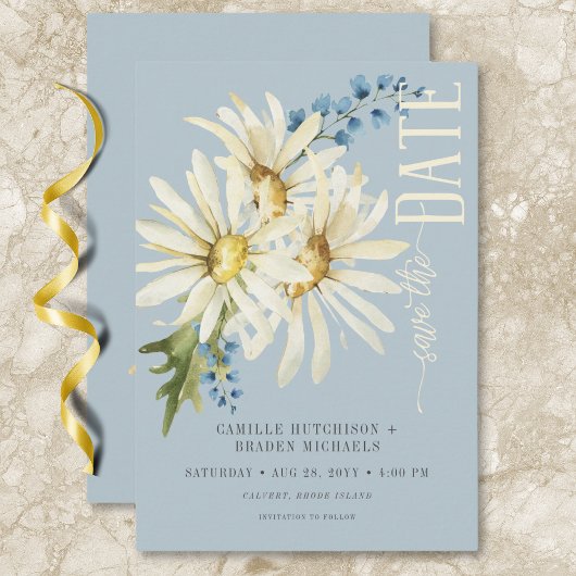 Rustiek Blauw & Wit Daisies Bruiloft Save The Date