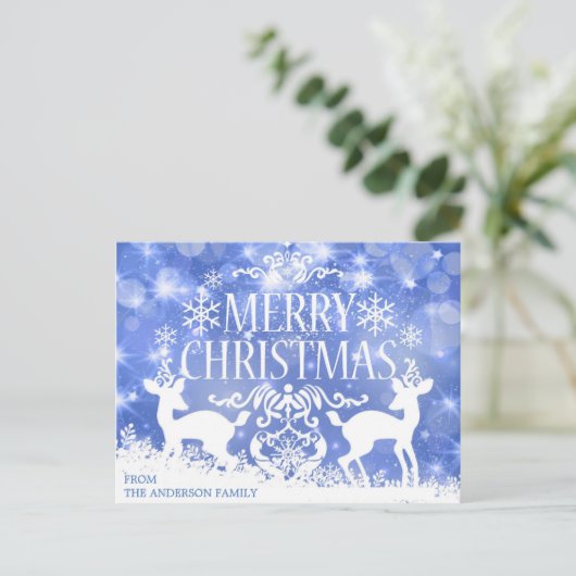 Rustiek Blauw Wit Kerstrendier Sneeuw Winter Briefkaart (Staand voorkant)