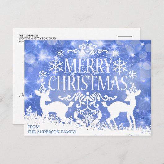 Rustiek Blauw Wit Kerstrendier Sneeuw Winter Briefkaart (Voorkant / Achterkant)