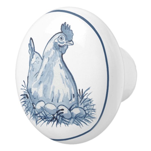 Rustiek Blauw & Wit Kip Kippen Eitjes Land Schatti Keramische Knop (Rechts)