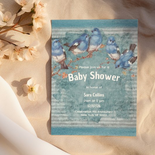  rustiek blauw wit vogelgestreept Baby shower Kaart