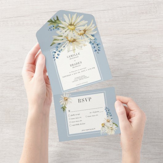 Rustiek Blauw & Wit Waterverf Daisies Diner All In One Uitnodiging (Afscheurbaar)