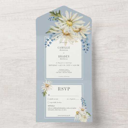 Rustiek Blauw & Wit Waterverf Daisies Geen Diner All In One Uitnodiging (Binnen)