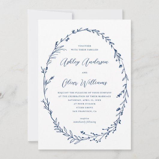 Rustiek Blauw Wit Wildflower Krans Bruiloft Kaart (Voorkant)