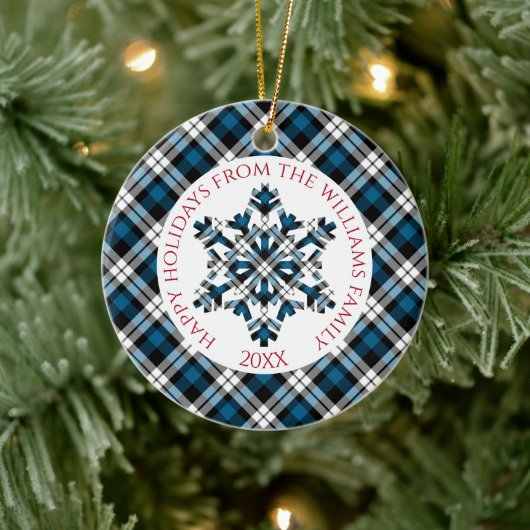 Rustiek Blauw Wit Zwart Tartan Controles Sneeuwvlo Keramisch Ornament (Boom)