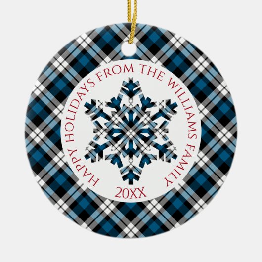Rustiek Blauw Wit Zwart Tartan Controles Sneeuwvlo Keramisch Ornament (Voorkant)