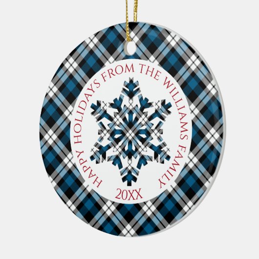 Rustiek Blauw Wit Zwart Tartan Controles Sneeuwvlo Keramisch Ornament (Links)