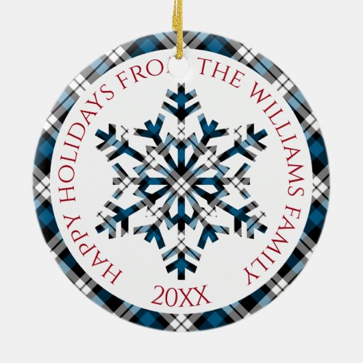 Rustiek Blauw Wit Zwart Tartan Controles Sneeuwvlo Keramisch Ornament (Achterkant)