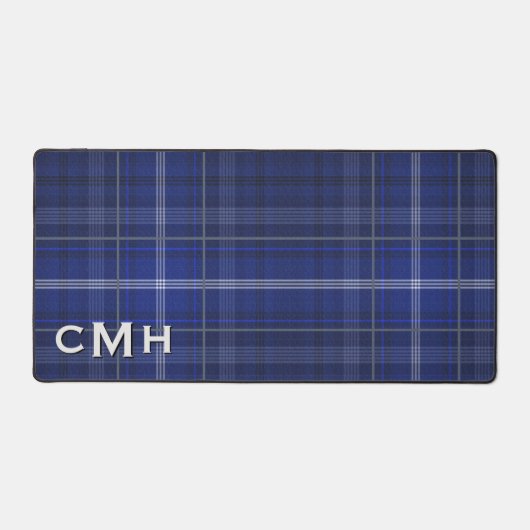 Rustiek Blauw Wit & Zwart Tartan Plakken Monogram Bureaumat (Voorkant)