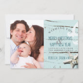 rustiek blauw zeeschelpstrand Vrolijke kerstfoto Feestdagenkaart (Voorkant)