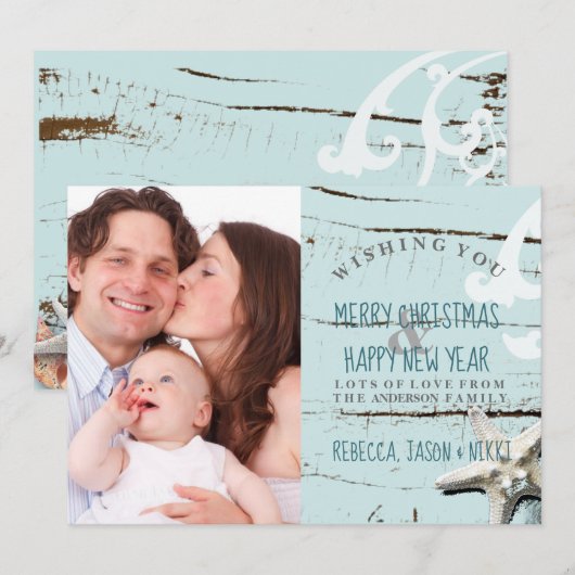 rustiek blauw zeeschelpstrand Vrolijke kerstfoto Feestdagenkaart (Voorkant / Achterkant)