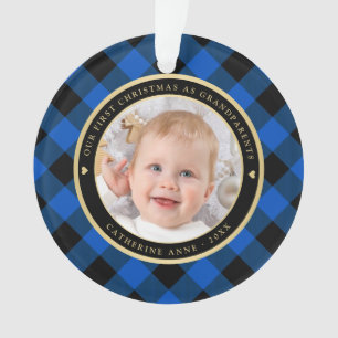Rustiek Blauw Zwart Plaid Eerste Grootouders Foto Ornament