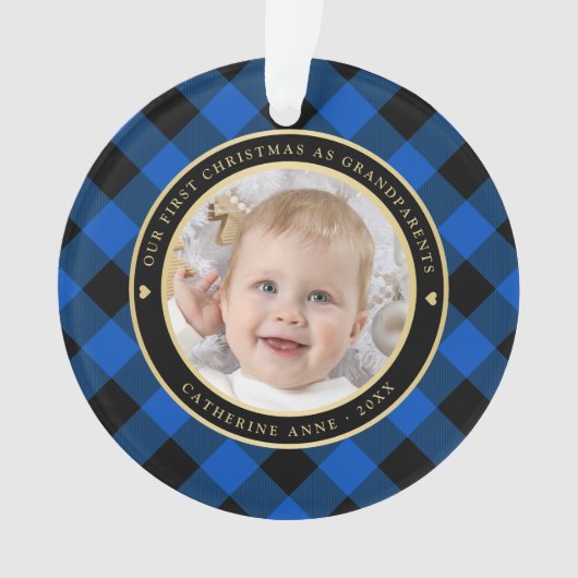 Rustiek Blauw Zwart Plaid Eerste Grootouders Foto Ornament (voorkant)
